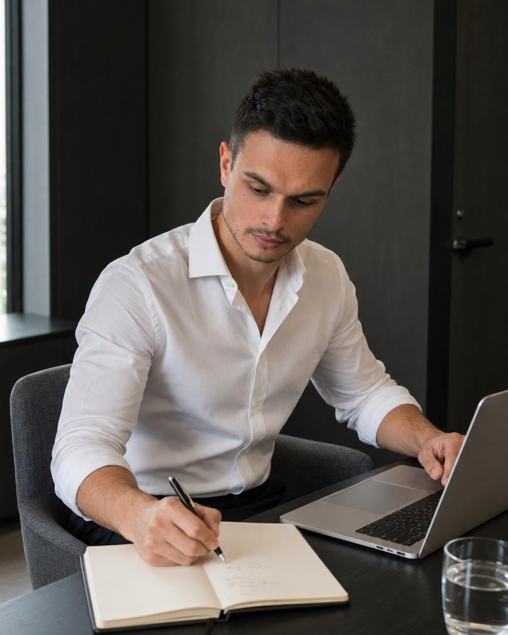 Matheus Meira trabalhando à mesa diante de um MacBook